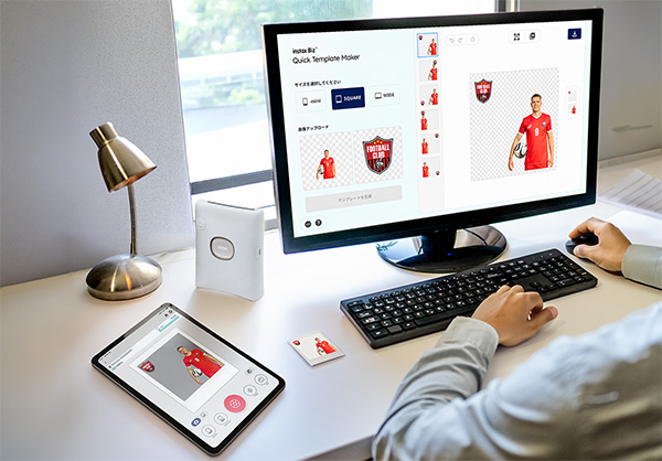 A user creating a custom template using instax Biz™ Template Maker in a web browser on a PC.