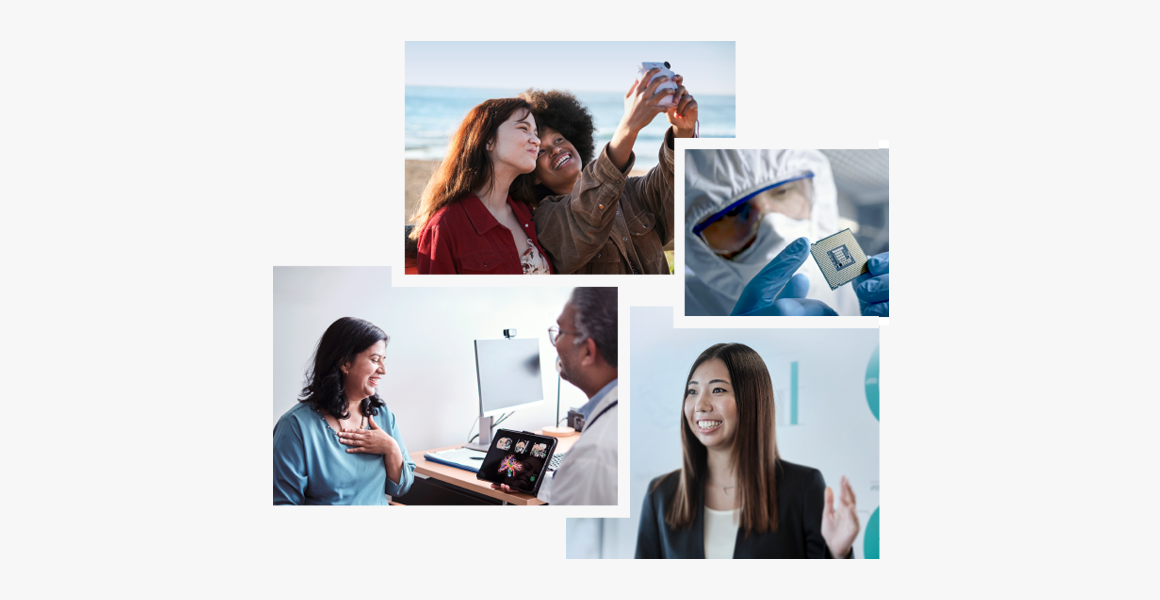Global Branding Campaign and four photos Above: a couple taking a photo. Right:A serious man checking a semiconductor chip Left:Woman with a look of relief in a hospital room Bottom:Woman making a presentation with a smile
