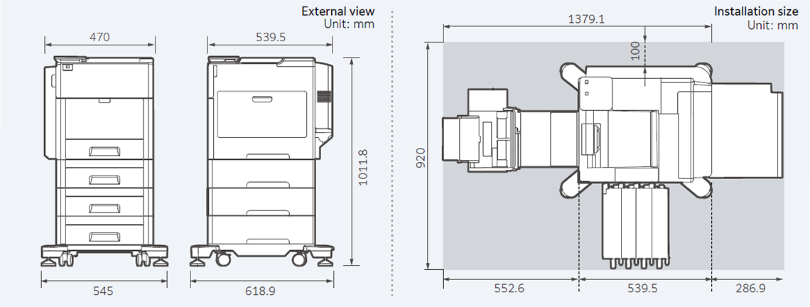 Illustration showing the dimensions of the Fujifilm CX3240F printer, indicating the length, width, and height measurements at various points.