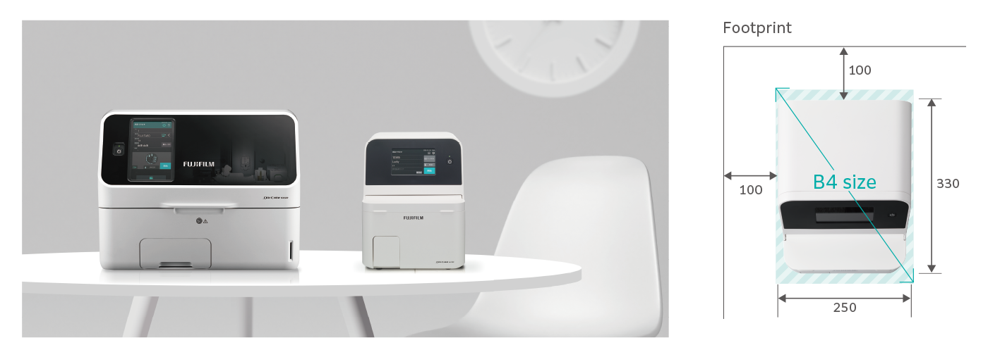 [Photo]​ The image of AU20V and FDC NX600 clinical analyzer.​  Footprint and dimension of FDC AU20V is shown here.​