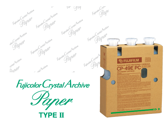 [photo] Fujicolor Crystal Archive Paper Type II product next to Fujicolor CP-49E paper processing chemical product 