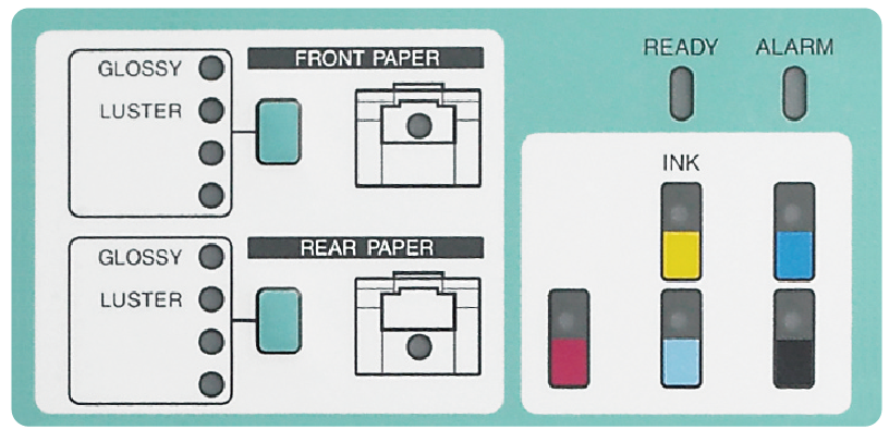 [photo] Frontier DL600 front operation panel displaying options for front and back of paper and lights for all 5 ink levels